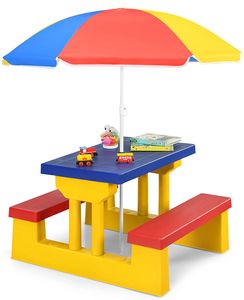 Kindersitzgruppe mit Sonnenschirm, Gartenmöbel für Kinder, Kinder Sitzgarnitur, Kinder Möbel Set Garten, Kinder Sitzbank draußen (Modell 3)