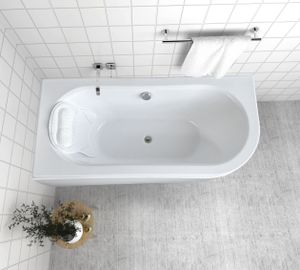 ECOLAM Badewanne Wanne Eckwanne Eckbadewanne für Zwei Modern Design Acryl weiß Avita 160x75 cm LINKS + Kopfkissen Mare + Schürze Ablaufgarnitur