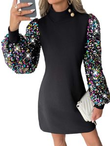 Damen Abendkleider Einfarbig Pailletten Ballkleider Cocktailkleid Elegant Kurz Kleider Schwarz,Größe L