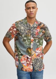 Indicode 20392MM IDMariol Cuba-Shirt Kurzarm Herren Kurzarmhemd Herrenhemd Hemd Bowlinghemd Cuba-Kragen Umlegekragen Regular Fit Hochwertige Viskose-Qualität Flower-Muster Blumen