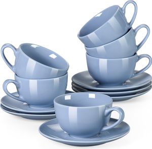 Porcelanowy zestaw filiżanek, LOVECASA 6-częściowe filiżanki do kawy z 6-częściowymi spodkami dla 6 osób, filiżanki do herbaty, filiżanki do cappuccino, zestaw filiżanek do espresso