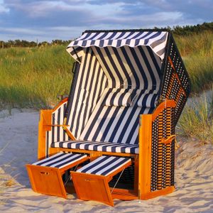 LED Strandkorb XXL inkl. Abdeckcover Luxus Volllieger Gartenliege Ostsee + 4 Kissen, Klapptische, Zeitungsfächer - blau/weiß