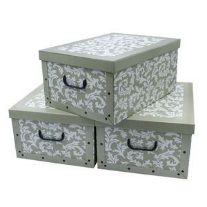 3er Set Aufbewahrungsbox mit Deckel 51 x 37 cm - Barock in oliv - Stapelbox aus Pappe mit Griffen 45 Liter - Organizer Storage Box Allzweck Spielzeug Kiste Geschenk Karton stapelbar