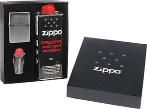 Zippo Feuerzeug Geschenkset chrom gebürstet Feuersteine Benzin Geschenkbox