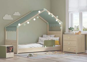 Montessori Hausbett mit Seitendach 90x200 cm Braun / versch. Farben, Farbe:Grün, Matratze:ohne, Auszug:ohne Bettauszug