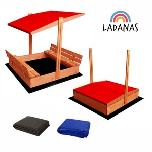 Ladanas® Sandkasten Holz- IMPRÄGNIERT -120 x 120 cm -Sandkiste Kinder incl. VLIES und ABDECKPLANE - faltbaren Bänken & verstellbarem Dach (red)- UV50- & Sonnendach