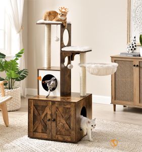 FEANDREA Kratzbaum, 2-in-1 mit Katzenklo, abnehmbaren, waschbaren Kissen, Sisalstämme, Hängematte