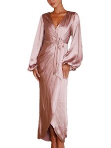 Damen Abendkleider Satin V-Neck Kleid Elegant Casual Long Maxi Kleider Wickelkleid Lotusfarbe,Größe L