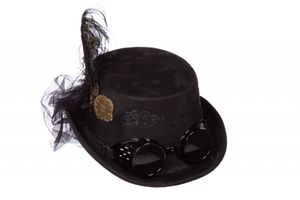 Kostüm Zubehör Steampunk Zylinder Hut mit Brille Feder schwarz Karneval Fasching