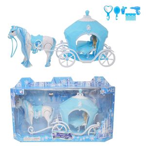 Eisprinzessin Kutsche mit Pferd und LED Beleuchtung Schneekönigin für Kinder Spielen Geschenk aus Kunststoff  L x B x H 44 x 12 x 25 cm  Blau Weiß