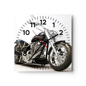 Wanduhr - Quadrat - Glasuhr - Motorrad Motor Geschwindigkeit Chrom - 30x30cm - Schleichendes Uhrwerk - Lautlos - zum Aufhängen bereit - Dekoration Modern - Wanddekoration aus Glas - C4AC30x30-2427