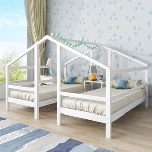 Merax detská posteľ 90x200cm/90x200cm domáca posteľ pre 2 deti s ochranou proti vypadnutiu, nočným stolíkom a lamelovým roštom, dve jednolôžkové postele pre mládež posteľ pod jednou strechou, biela