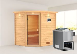 Woodfeeling Sauna Elea (Eckeinstieg), Ganzglastür, bronziert, Ofen 9 kWexterne Steuerung easy
