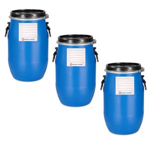kanister-vertrieb® 3 Stück 30 Liter Deckelfass, Kunststofffass, Futtertonne, Fass, Plastikfass Farbe blau inkl. Etikett (3 x 30 D)