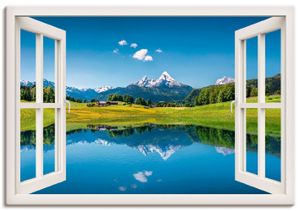 canadastock: Fensterblick - Panoramasicht auf eine idyllische Sommer Landschaft in den Alpen und Bergsee, Produkt:Leinwand, Größe (HxB):90x130 cm / Leinwand