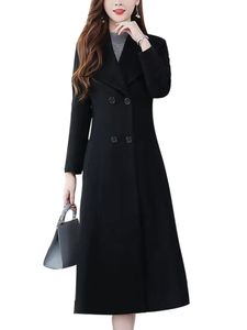Damen Mode Zweireiher Lässig Kaschmir Mittellanger Englischer Wollmantel Winter Warm Einfarbig Mantel