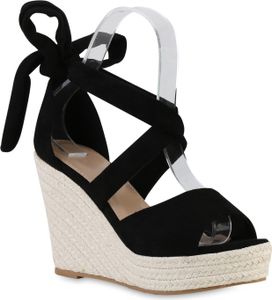 VAN HILL Damen Keilsandaletten Sandaletten Bast Plateau Vorne Schuhe 841604, Farbe: Schwarz, Größe: 38
