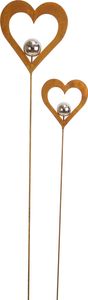 2x Gartenstecker Herz Metall Rost Optik Silberkugel