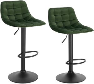 WOLTU Sada 2 barových stoličiek barová stolička bistro stolička s operadlom, zo zamatu a kovu, výškovo nastaviteľná otočná Tmavo zelená