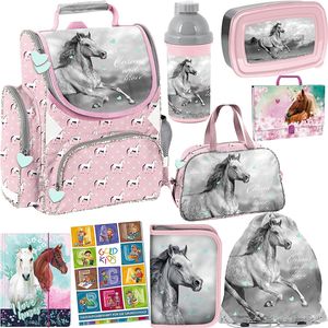 Set 9er Schulranzen Ranzen Tornister Schulrucksack Federmappe Turnbeutel Brotdose Sporttasche Trinkflasche Aktentasche Gummizugmappe Aufgabenheft Pferd Horse Motiv ab 1 Klasse
