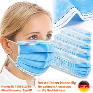 Medizinische Mundschutz Einweg Schutzmaske 100x Maske 3-lagig Atemschutz EN14683