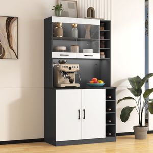 MODFU Vitrinen Hochschrank mit LED-Ambiente-Beleuchtung und Kabellöchern für Wohnzimmer, Buffet Aufbewahrungsmöbel mit höhenverstellbare seitliche Ablagefächer für Küche, Weiß