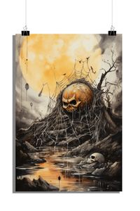 Totenkopf Poster - Spinnennetz Poster - Halloween Poster - Gruseliges Poster - Kunstposter - 51x71cm - Perfekt zum Einrahmen