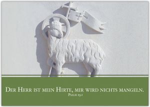 Klassische christliche Glückwunschkarte mit Lamm: "Der Herr ist mein Hirte, mir wird nichts mangeln" zur Taufe, Kommunion, Firmung oder Konfirmation