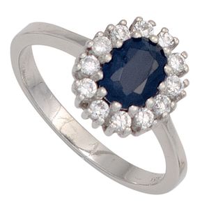 Ring Damenring Safir Saphir blau & Zirkonia rundum weiß 925 Silber oval Innenumfang 60mm  Ø19.1mm