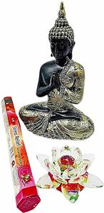 Buddha - Mönch Figur 22cm Statue meditierend sitzend mit Lotusblume Räucherstäbchen - Zen Garten Deko