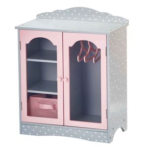 Olivia's Little World Růžovo-šedá skříň s puntíky pro 18 palcové panenky Dřevěný nábytek pro panenky se 3 věšáky TD-0210AG