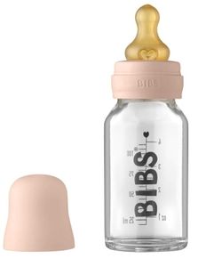 BIBS Baby Glass Bottle 110ml, Vermindert Koliken, Runder Sauger aus Naturkautschuklatex, Unterstützt das Stillen. Hergestellt in Dänemark, Complete Set - 110 ml, Blush