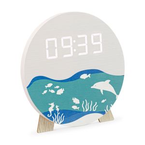 Navaris Design LED Digitaluhr aus Holz - Wanduhr digitale Uhr - Tischuhr mit USB Kabel - Nachtdimmer 12 oder 24 Stunden - Holzuhr digital Standuhr - Ozean Print