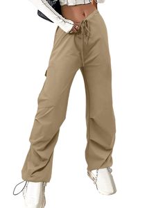 Damen Stoffhosen Hosen Strandhose mit Taschen Freizeithose Sommerhose Lässige Hose Farbe:Khaki,Größe M