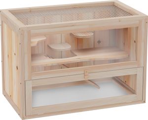 PawHut Hamsterkäfig aus Holz für Zwerghamster Nagerkäfig Kleintierkäfig mit Gitterdach und Rampe, Nagarium Käfig 60 x 35 x 42 cm Naturholz