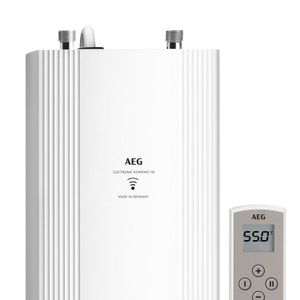 AEG elektronischer Kompakt-Durchlauferhitzer DDLE Kompakt FB 11/13 kW umschaltbar für die Küche, mit Fernbedienung, Starkstromanschluss 400 V, solargeeignet, Untertischmontage, 230769