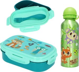 Waldtiere  3 tlg Kinder Lunch Set Brotdose Aluminium Trinkflasche 500 ml Göffel – Grün