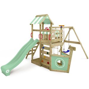 WICKEY hrací věž SeaFlyer s houpačkou a skluzavkou, domkem na stromě s pískovištěm, žebříkem na lezení a hracími doplňky - pastelově zelená barva