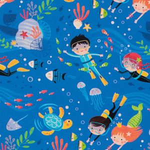 Geschenkpapier Kinder in der Unterwasserwelt 70cm x 2m Rolle blau