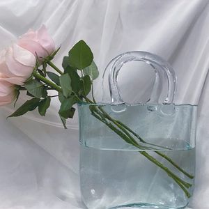 LOZAYI Dekorative Vase Glas Handtasche, Blumentopf, Vase für Blumenarrangements, klare handgefertigte Vase mit Blasenoptik, für Tischaufsteller, Küche, Büro, Wohnzimmer, Blau