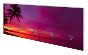 Wallario Flurgarderobe Wandgarderobe aus Glas, mit 5 Haken, Größe 80 x 30 cm, Motiv Abendrot unter Palmen - pinker Himmel am Strand