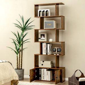 COSTWAY Bücherregal, Standregal mit Türen, 183 x 70 x 23 cm, Büroregal mit 6 Ebenen, Aufbewahrungsregal aus Holz, Aktenregal inkl. Befestigungsmaterial, Raumteiler für Wohnzimmer, Schlafzimmer (Braun)