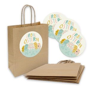 itenga 5x Geschenktüte mit Kordel 18x8x22cm + Sticker Frohe Ostern pastell