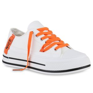 VAN HILL Damen Sneaker Low Schnürer Prints Stoff Schuhe 840989, Farbe: Weiß Orange, Größe: 39