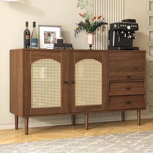 Merax komoda rattanowa z 3 drzwiczkami i 2 szufladami, antyczna komoda w stylu wiejskim wykonana z drewna i rattanu, szer./wys./gł.: 130/76/41 cm