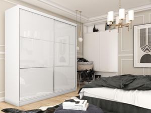 Moderner Kleiderschrank Schwebetürenschrank Weiß Hochglanz 120 150 180 200 cm - Weiß Matt Kleiderschrank für Schlafzimmer mit Schiebetüren - Kleiderstange - 200 cm - Weiß + Lacobel