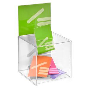 Losbox / Aktionsbox 210x210x210mm transparent, aus Acrylglas mit Plakathalter / Spendenbox / Einwurfbox / Gewinnspielbox / Wahlurne / Acryl
