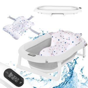 Primabobo Faltbare Babybadewanne Premium mit Badekissen und Thermometer, Baby Badewanne Faltbar 80 cm, Badesitz Baby Neugeborene Baby Wanne Set- Grau