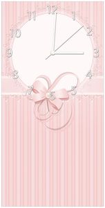 Wallario Design Wanduhr bedruckt, Größe 30 x 60 cm, Motiv: Geschenkkarte, Bänder, Spitzen und Schleifen in rosa