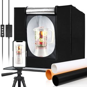 Jopassy Fotostudio Set 60 x 60 x 60cm Lichtzelte LED-Fotobox Lichtbox Lichtwürfel Profi Fotografie Lichtzelt inkl. 3 PVC-Hintergrundfolien (schwarz, rein weiß, orange) Mehrweg